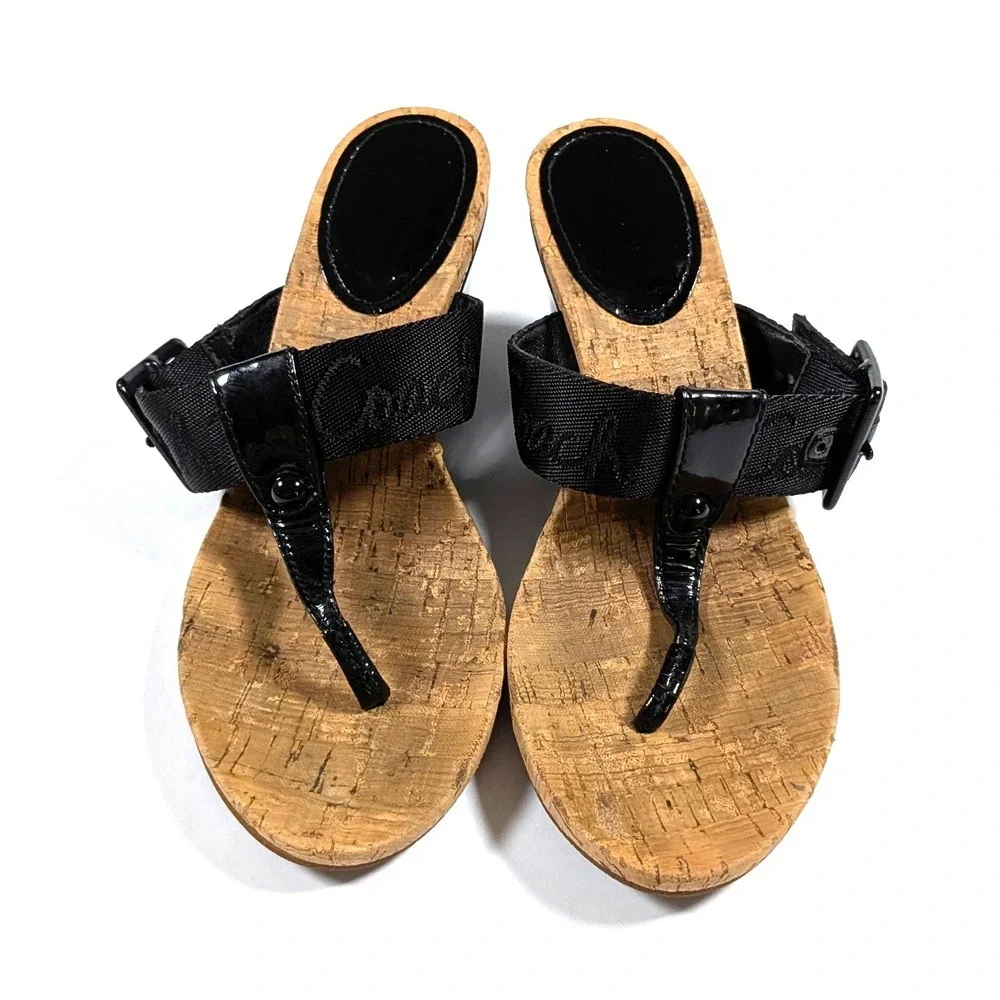 Coach Bernadette Black Patent Leather Cork Wedge Thong Sandals Y2K Coastal 6.5B